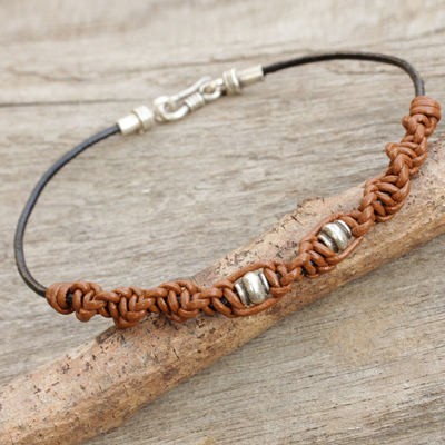 Macrame Leather Men's Bracelet with Hill Tribe Silver - Brown Helix ...