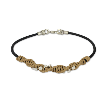 Men's leather and silver braided bracelet, 'Decisive Tan' - Hill Tribe Silver and Tan Leather Men's Bracelet