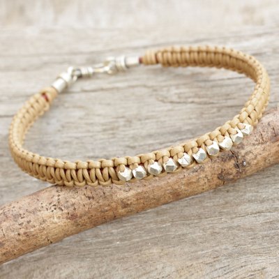 Leather and silver braided bracelet, 'Desert Stars' - Tan Leather Braided Bracelet with Hill Tribe Silver