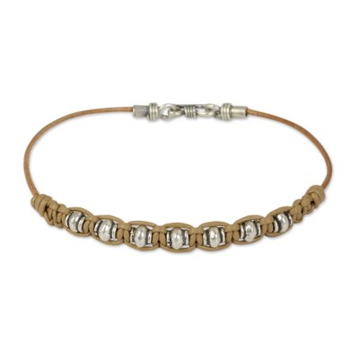 Men's leather and silver braided bracelet, 'Desert Chieftain' - Beige Leather Braided Men's Bracelet with Hill Tribe Silver