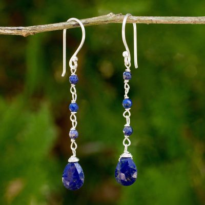 Lapis lazuli dangle earrings, 'Lady' - Fair Trade Handmade Lapis Lazuli Dangle Earrings