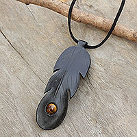 Tiger's eye and leather pendant necklace, 'Feather Spirit in Black'