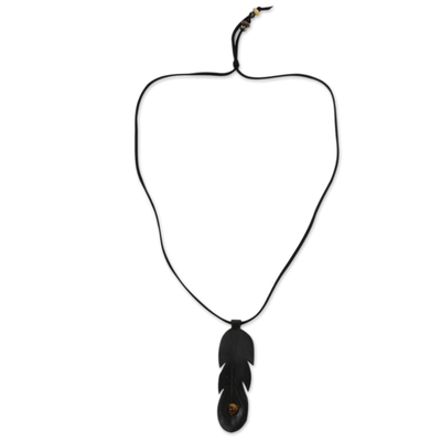Tiger's eye and leather pendant necklace, 'Feather Spirit in Black' - Handcrafted Black Leather Necklace with Tiger's Eye