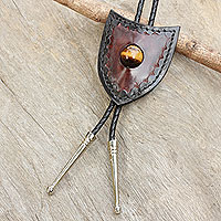 Tiger's eye and leather bolo tie, 'Earth Shield' - Brown Leather Artisan Crafted Bolo Tie with Tiger's Eye