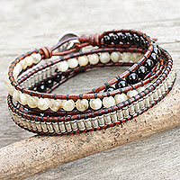 Onyx and jasper wrap bracelet, 'Hill Tribe Discovery' - Leather Wrap Bracelet with Onyx Jasper and Silver