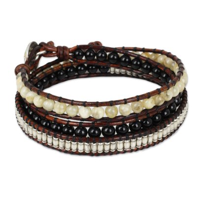 Onyx and jasper wrap bracelet, 'Hill Tribe Discovery' - Leather Wrap Bracelet with Onyx Jasper and Silver
