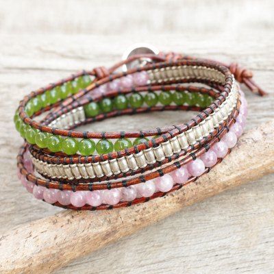 Lepidolite and quartz wrap bracelet, 'Hill Tribe Discovery' - Lepidolite Quartz and Silver on Handcrafted Leather Bracelet