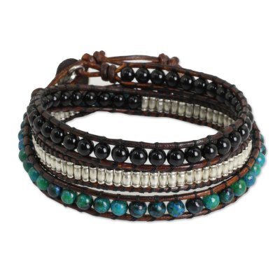 Onyx and serpentine wrap bracelet, 'Hill Tribe Discovery' - Leather Wrap Bracelet with Onyx Serpentine and Silver