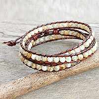 Jasper wrap bracelet, 'Surin Lands' - Artisan Crafted Jasper Silver and Leather Wrap Bracelet