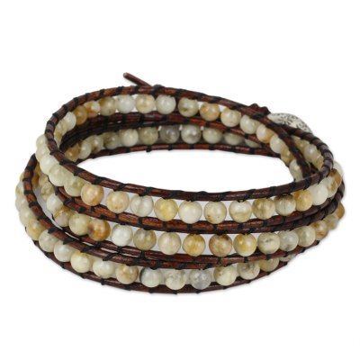 Jasper wrap bracelet, 'Surin Lands' - Artisan Crafted Jasper Silver and Leather Wrap Bracelet