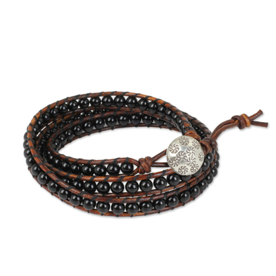 Onyx wrap bracelet, 'Surin Night' - Onyx and Leather Wrap Bracelet with Hill Tribe Silver Clasp