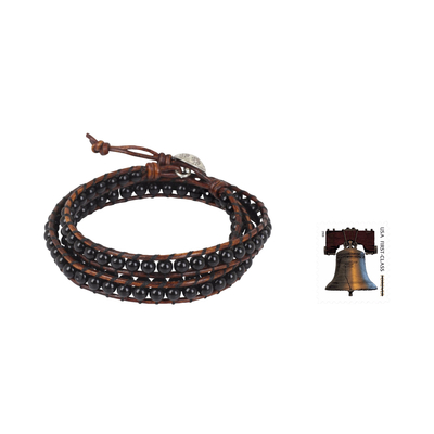 Onyx-Wickelarmband - Wickelarmband aus Onyx und Leder mit Hill Tribe-Silberverschluss