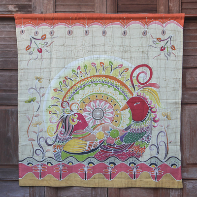 Wandbehang aus Baumwollbatik - Batik auf Baumwolle Wandbehang Orange Gänse und Blumen