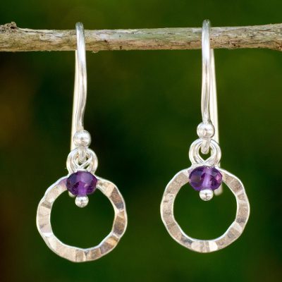 Amethyst dangle earrings, 'Rustic Modern' - Artisan Crafted Sterling Silver Earrings with Amethyst