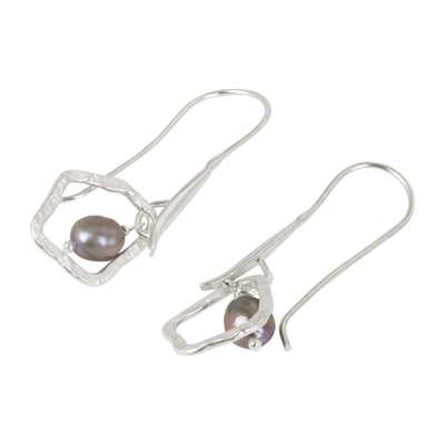 Cultured pearl dangle earrings, 'Sea Treasure' - Grey Pearls on Sterling Silver Artisan Crafted Earrings