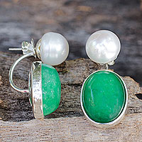 Cultured pearl and quartz drop earrings, 'Moonlit Iridescence' - White Pearls and Green Quartz Earrings from Thailand