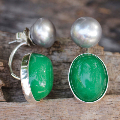 Ohrhänger aus Zuchtperlen und Quarz - Graue Perlen und grüner Quarz an Ohrringen aus Sterlingsilber