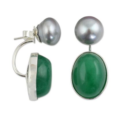 Cultured pearl and quartz drop earrings, 'Grey Iridescence' - Grey Pearls and Green Quartz on Sterling Silver Earrings