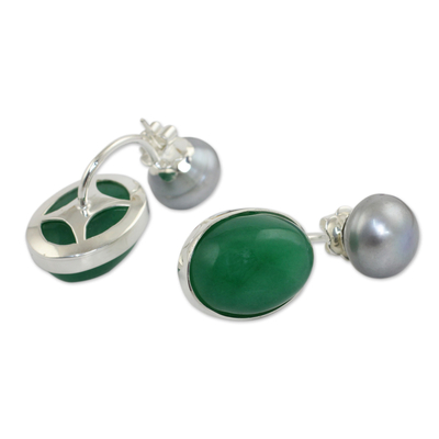 Ohrhänger aus Zuchtperlen und Quarz - Graue Perlen und grüner Quarz an Ohrringen aus Sterlingsilber