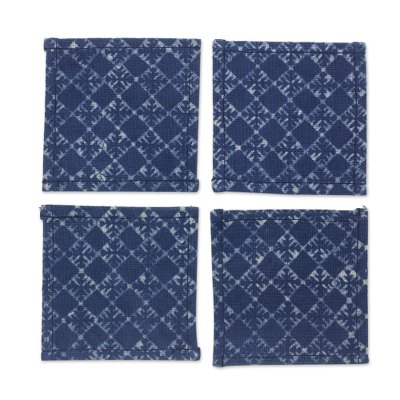 Cotton batik coasters, 'Diamond Snowflakes' (set of 4) - Indigo Blue Cotton Batik Coasters Artisan Crafted (Set of 4)