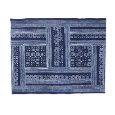 Cotton batik tablecloth, 'Hmong Lace' - Indigo Blue Tablecloth Artisan Crafted Cotton Batik (5x6.5)
