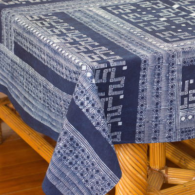 Cotton batik tablecloth, 'Hmong Lace'  - Indigo Blue Tablecloth Artisan Crafted Cotton Batik 