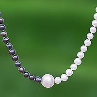 Cultured freshwater pearl necklace, 'Day and Night' - Grey and White Pearl Strand Necklace with 950 Silver