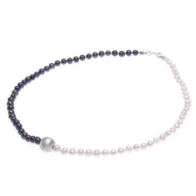 Cultured freshwater pearl necklace, 'Day and Night' - Grey and White Pearl Strand Necklace with 950 Silver