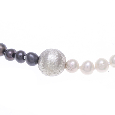 Cultured freshwater pearl necklace, 'Day and Night' - Grey and White Pearl Strand Necklace with 950 Silver