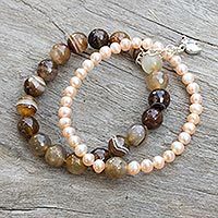 Cultured pearl and agate stretch bracelet, 'Iridescent Forest' - Pearl and Agate Bracelet with Silver Elephant Charm