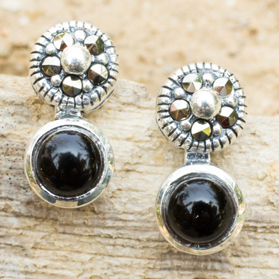 Onyx and marcasite drop earrings, 'Lanna Eclipse' - Onyx Marcasite Earrings in Sterling Silver Vintage Style