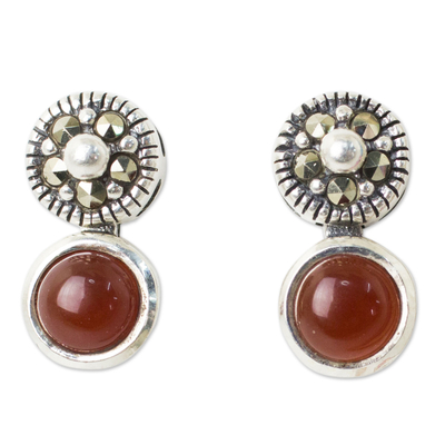 Marcasite and red onyx drop earrings, 'Red Lanna Eclipse' - Red Onyx Marcasite Earrings in Sterling Silver Vintage Style