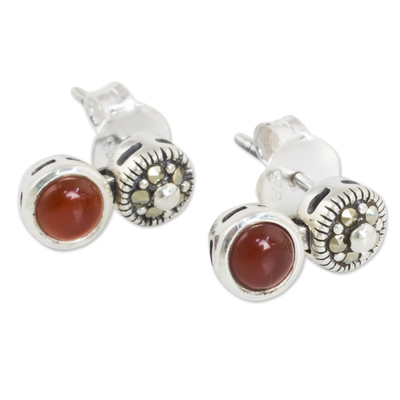 Marcasite and red onyx drop earrings, 'Red Lanna Eclipse' - Red Onyx Marcasite Earrings in Sterling Silver Vintage Style