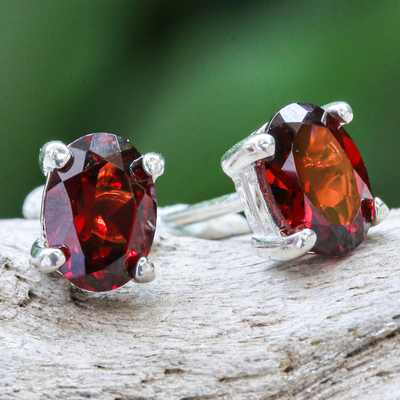 Garnet stud earrings, 'Sparkling' - Garnet Stud Earrings Sterling Silver Thai Jewelry