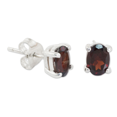 Garnet stud earrings, 'Sparkling' - Garnet Stud Earrings Sterling Silver Thai Jewelry
