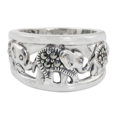 Marcasite band ring, 'Thai Elephant Journey' - Sterling Silver Band Ring with Marcasite Elephants