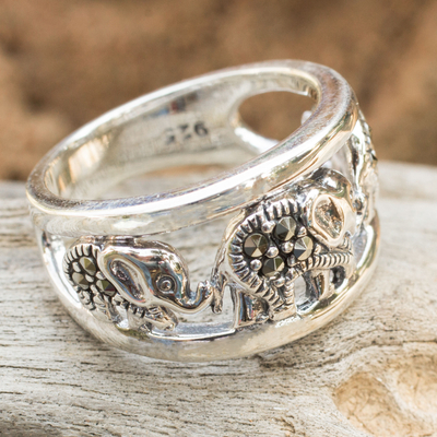anillo de marcasita - Anillo de Plata de Ley con Elefantes de Marcasita