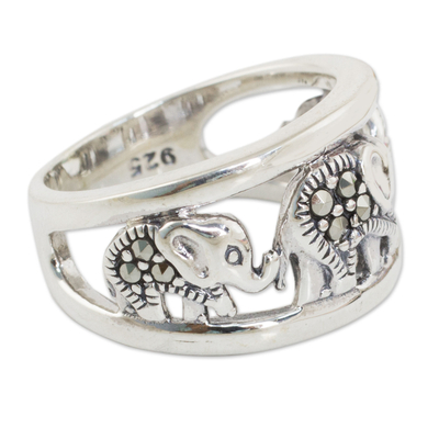 anillo de marcasita - Anillo de Plata de Ley con Elefantes de Marcasita
