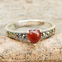 Marcasite and onyx band ring, 'True Love Sparkle' - Thai Silver and Marcasite Ring with a Red Onyx Heart