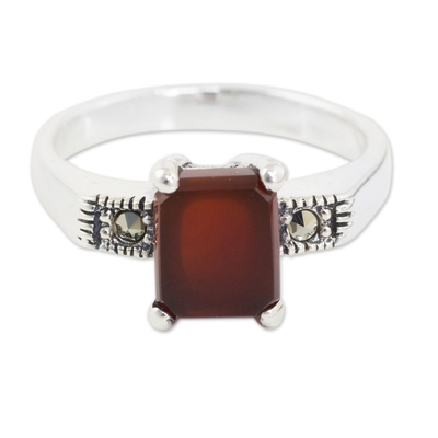 Onyx and marcasite cocktail ring, 'Rose Wine' - Thai Marcasite and Red Onyx Cocktail Ring