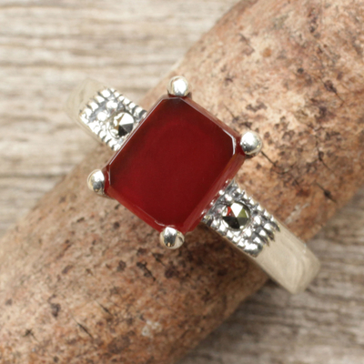 Onyx and marcasite cocktail ring, 'Rose Wine' - Thai Marcasite and Red Onyx Cocktail Ring