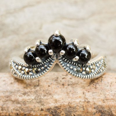 Onyx and marcasite band ring, 'Princess Crown' - Handcrafted Onyx and Silver Ring with Marcasites