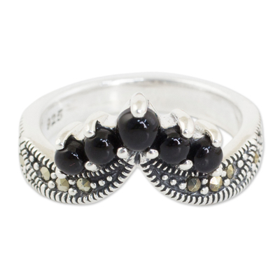 Onyx and marcasite band ring, 'Princess Crown' - Handcrafted Onyx and Silver Ring with Marcasites
