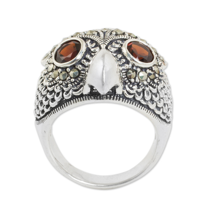 Marcasite and garnet cocktail ring, 'Owl Sparkles' - Owl Theme Handcrafted Marcasite and Garnet Cocktail Ring