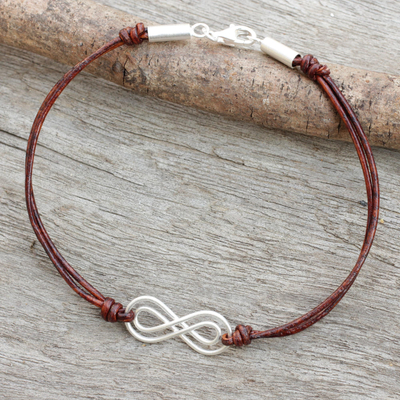 Leather and sterling silver bracelet, 'Infinite Friendship in Brown' - Sterling Silver and Brown Leather Bracelet from Thailand