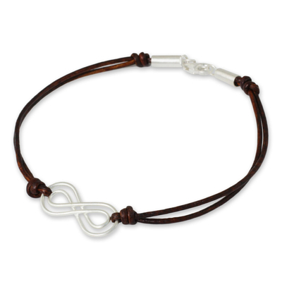 Leather and sterling silver bracelet, 'Infinite Friendship in Brown' - Sterling Silver and Brown Leather Bracelet from Thailand