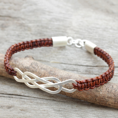 Leather and sterling silver braided bracelet, 'Forever Entwined' - Sterling Silver and Brown Leather Bracelet from Thailand