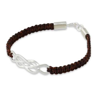 Leather and sterling silver braided bracelet, 'Forever Entwined' - Sterling Silver and Brown Leather Bracelet from Thailand