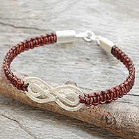 Leather and sterling silver braided bracelet, 'Double Brown Infinity'