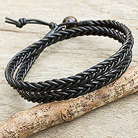 Men's tiger's eye and leather wrap bracelet, 'Double Ebony' - Mens Hand Braided Black Leather Wrap Bracelet